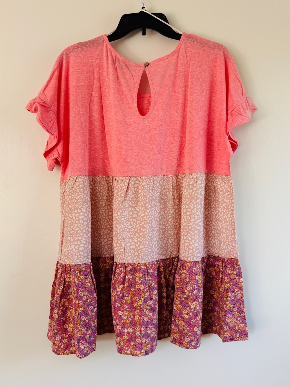 Gigio Women’s Pink Colorblock Tiered Tunic with Floral Hem Boho Cottagecore Plus - Picture 2 of 4